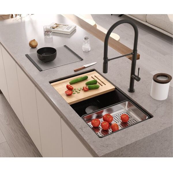 QUADRON | LOGAN 120 | γρανιτένιος νεροχύτης κουζίνας PURE CARBON + MIEDŹ PVD | διάσταση: 76 x 45 x 23,5 cm | 2-θέσιος υποκαθήμενος | βάση ντουλαπιού από: 80 cm