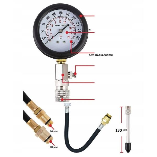 Tester kompresji silnika benzynowego 3el. (0-21Bar, M14-M18)