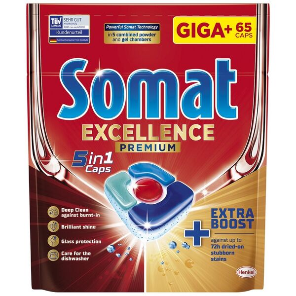 Somat Giga+ Excellence 5w1 Κάψουλες για πλυντήριο πιάτων, 65 τεμάχια