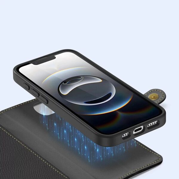 Etui skórzane do iPhone 16e Dux Ducis Lawa Black z portfelem MagSafe czarne