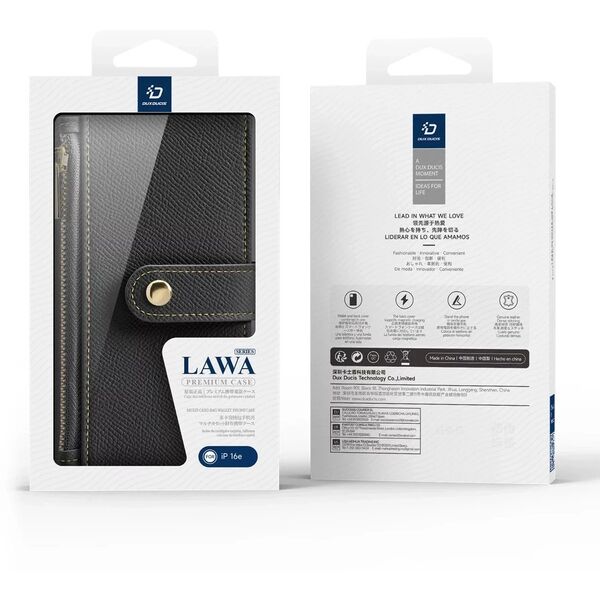 Etui skórzane do iPhone 16e Dux Ducis Lawa Black z portfelem MagSafe czarne