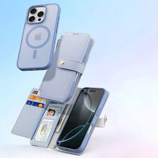 Etui skórzane do iPhone 16 Pro Dux Ducis Lawa z portfelem MagSafe błękitne