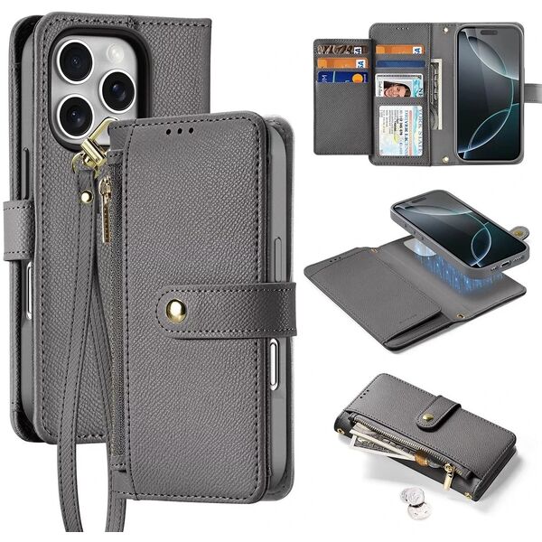 Etui skórzane do iPhone 16 Pro Dux Ducis Lawa z portfelem MagSafe szare