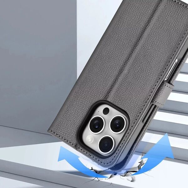 Etui skórzane do iPhone 16 Pro Dux Ducis Lawa z portfelem MagSafe szare