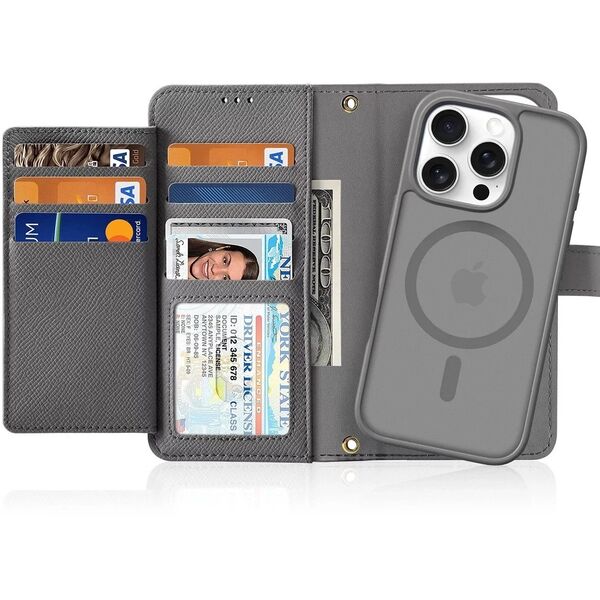 Etui skórzane do iPhone 16 Pro Dux Ducis Lawa z portfelem MagSafe szare
