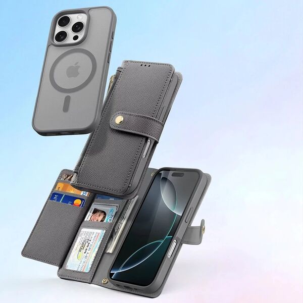 Etui skórzane do iPhone 16 Pro Dux Ducis Lawa z portfelem MagSafe szare