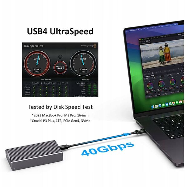 0 TB DataFlash USB4 SSD, περίβλημα για NVMe PCIe SSD USB4 (40 Gbit/s), συμβατό με Thunderbolt 3&4 και USB4 & USB-C θύρες, USB4 (USB-C) ομοαξονικό καλώδιο, 2'800 MB/s, USB-C