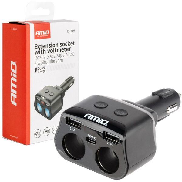 Rozdzielacz rozgałęźnik gniazda zapalniczki 2x usb 1x usb-c 12v 24v + woltomierz amio-04173