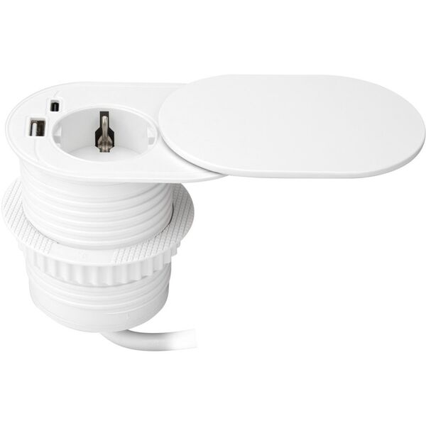 Gniazdo meblowe ?6cm, wpuszczane w blat z przesuwną pokrywką, ładowarką USB i przewodem 1,9m, 1x2P+Z (Schuko), 2xUSB (typ A+C| P