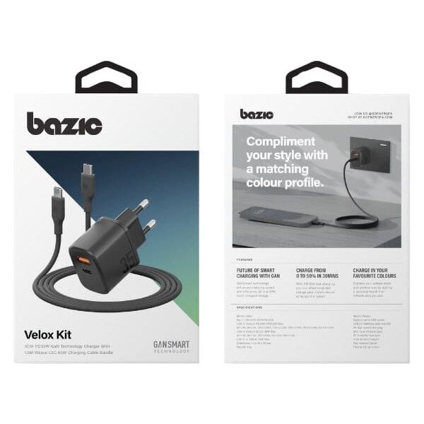 Φορτιστής τοίχου Bazic Goport Velox Kit 1xUSB-C 1xUSB-A GaN 35W με πλεκτό καλώδιο μαύρο
