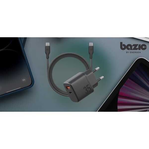 Φορτιστής τοίχου Bazic Goport Velox Kit 1xUSB-C 1xUSB-A GaN 35W με πλεκτό καλώδιο μαύρο