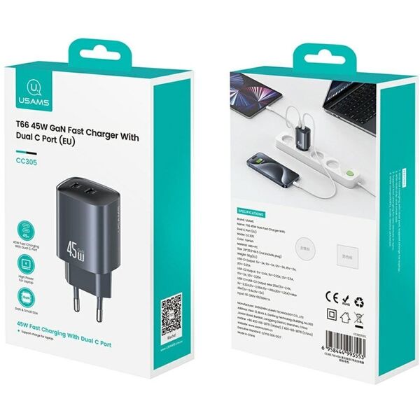 Ładowarka sieciowa USAMS CC305 T66 45W GaN 2xUSB-C tarnish