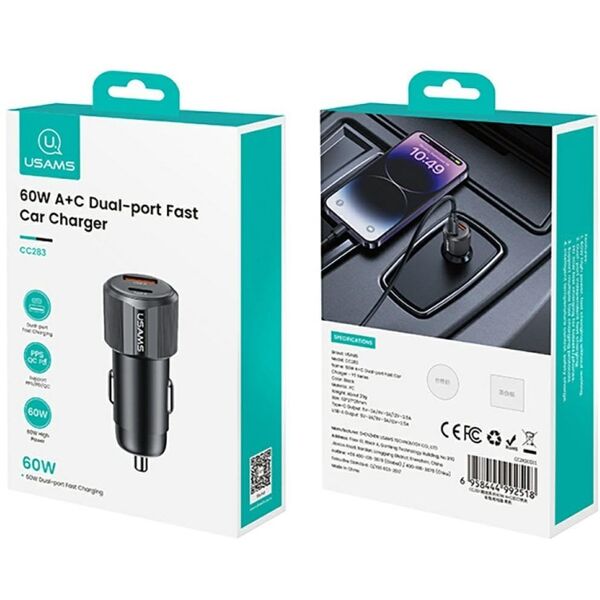 Φορτιστής αυτοκινήτου USAMS YT Series CC283 60W 1xUSB-A 1xUSB-C μαύρο