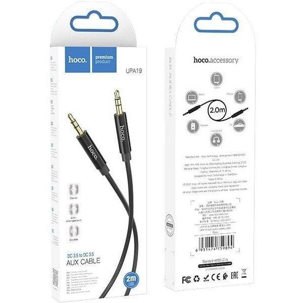 Καλώδιο HOCO AUX Jack 3,5 mm σε Jack 3,5 mm UPA19 2 m μαύρο