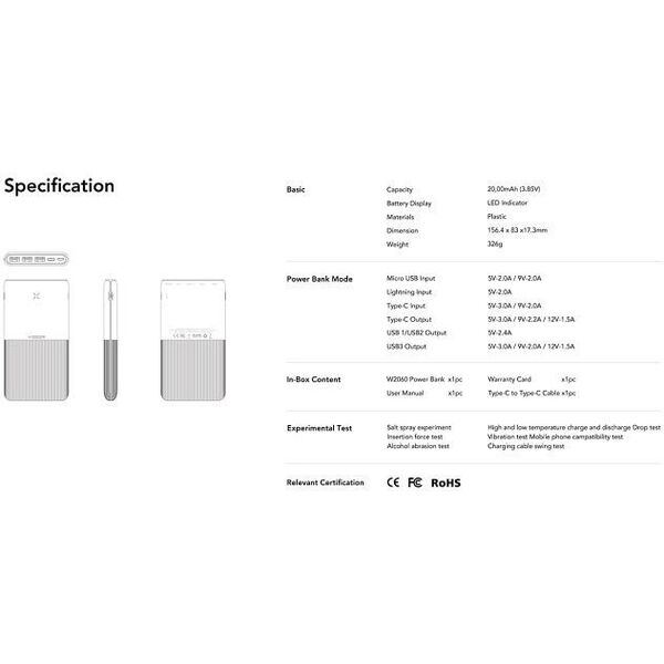 VEGER powerbank 20000 mAh PD QC3.0 3A 20W S22 (W2060) μαύρο