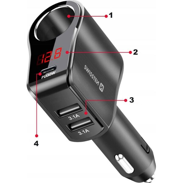 Ładowarka Sourcing Swissten Car Charger 1x USB-C PD / 2x USB-A / CL / LED