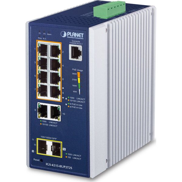 PLANET IGS-4215-8UP2T2S łącza sieciowe Zarządzany L2/L4 Gigabit Ethernet (10/100/1000) Obsługa PoE Aluminium, Niebieski