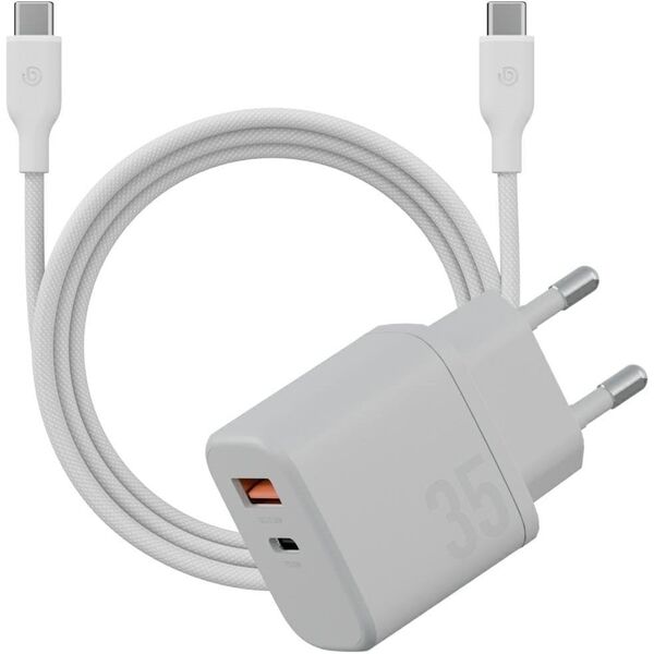 Φορτιστής τοίχου Bazic Goport Velox Kit 1xUSB-C 1xUSB-A GaN 35W με πλεκτό καλώδιο λευκό