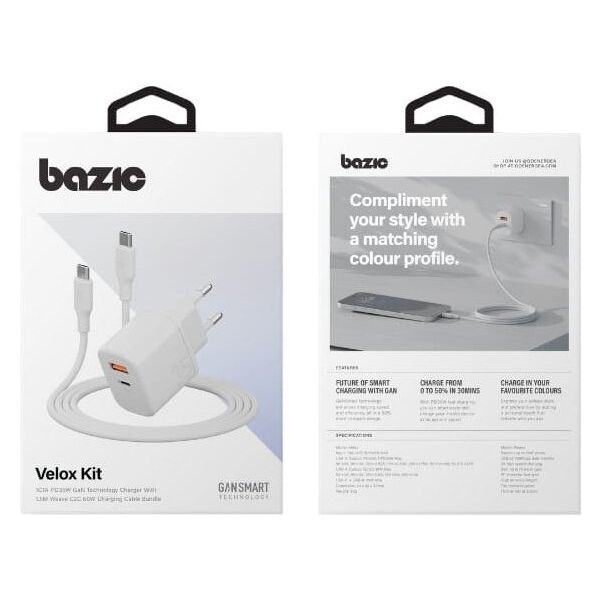 Φορτιστής τοίχου Bazic Goport Velox Kit 1xUSB-C 1xUSB-A GaN 35W με πλεκτό καλώδιο λευκό