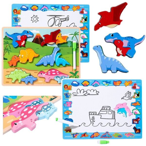 Układanka Tablica 2w1 Drewniana Edukacyjna Pisak Dinozaury 12el