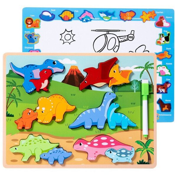 Układanka Tablica 2w1 Drewniana Edukacyjna Pisak Dinozaury 12el