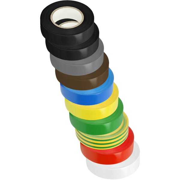 Zestaw 10 taśm 19mm, 2x czarna, szara, brązowa, niebieska, żółta, zielona, żółto-zielona, czerwona, biała, długość 20m