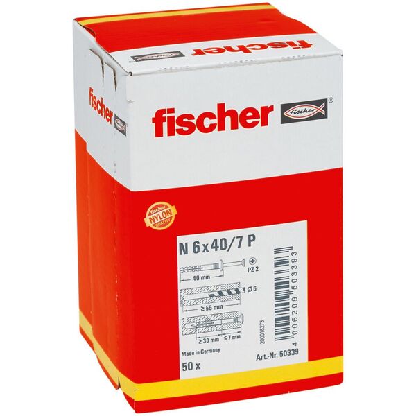 Fischer 50339, Screw & wall plug kit, Brick, Concrete, Pozidriv, PZ2, 40 mm, 6 mm
