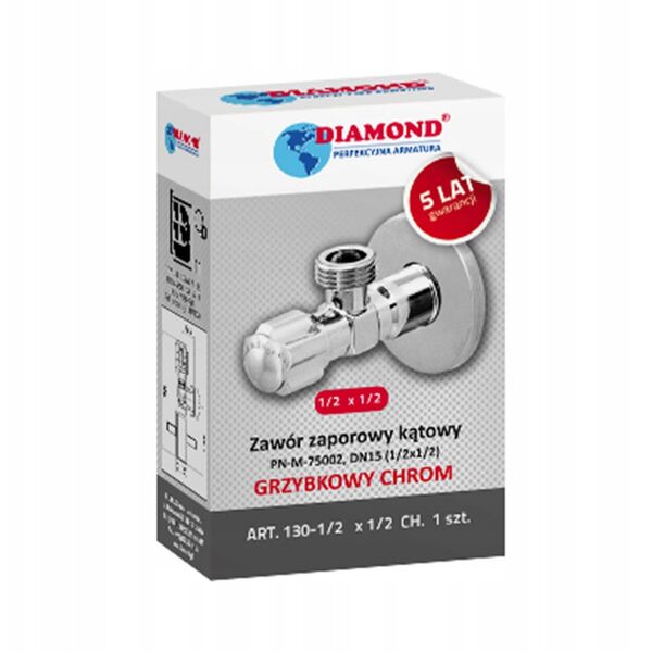 Diamond zawór zaporowy kątowy grzybkowy chromowany 1/2"x1/2" ART_130-1/2X1/2.CH