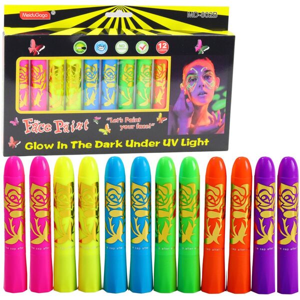 Zestaw Do Malowania Twarzy Pisaki Kredki Neonowe UV Fluorescencyjne 12szt LEAN