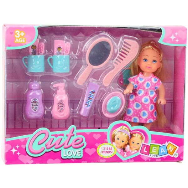 Zestaw Mini Laleczka Akcesoria Do Pielęgnacji Różowa Sukienka LEAN TOYS