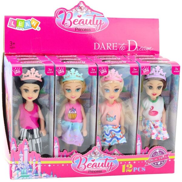 Mini Laleczka Księżniczka Z Koroną Kolorowa Sukienka 14cm Mix LEAN TOYS
