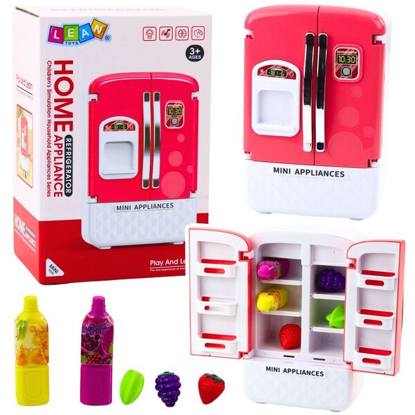 Lodówka Zabawkowa Dla Dzieci Owoce Soki Światła Dźwięki Różowa LEAN Toys
