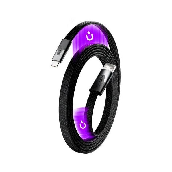 Statik MagStack Slim - καλώδιο USB-A - USB-C 1m, με νάιλον πλέξη, επίπεδο, μαγνητικά αναδιπλούμενο (μαύρο)