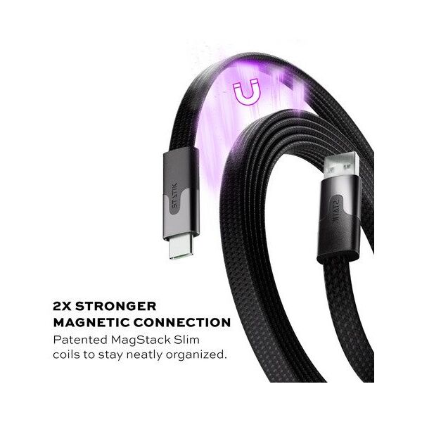 Statik MagStack Slim - καλώδιο USB-A - USB-C 1m, με νάιλον πλέξη, επίπεδο, μαγνητικά αναδιπλούμενο (μαύρο)