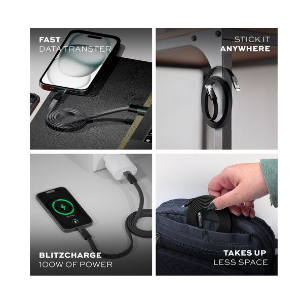 Statik MagStack Slim - καλώδιο USB-A - USB-C 1m, με νάιλον πλέξη, επίπεδο, μαγνητικά αναδιπλούμενο (μαύρο)