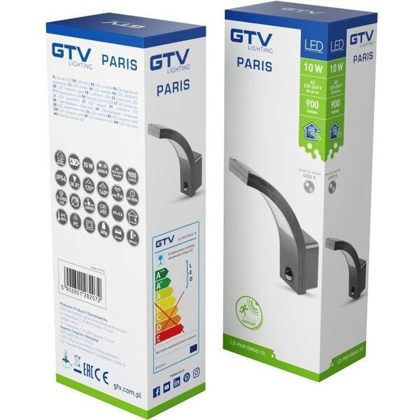 Φωτιστικό τοίχου LED εξωτερικού χώρου GTV PARIS, IP54, 4000 K, 10 W, 900 lm, με αισθητήρα κίνησης, 26 x 7 cm