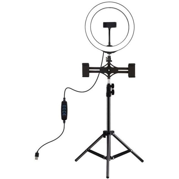 LED žiedinė lempa 26cm, su trikoju stovu iki 1.1m ir 3 telefono laikikliais, USB