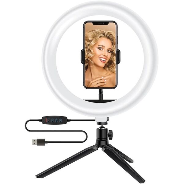LED žiedinė lempa 30cm, su trikoju stovu iki 165cm ir 3 telefono laikikliais, USB