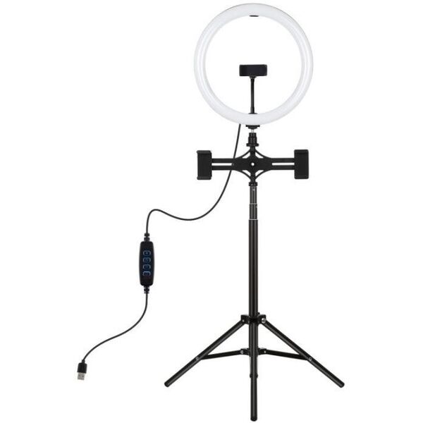 LED žiedinė lempa 30cm, su trikoju stovu iki 165cm ir 3 telefono laikikliais, USB