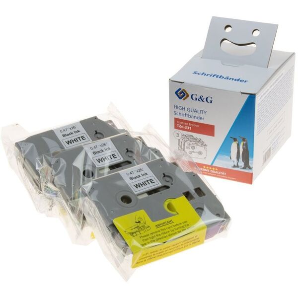 3x G&G Schriftband 12mm x 8m sw- ws Komp. m. Brother TZe-231