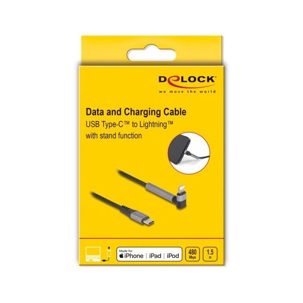 Delock Daten- und Ladekabel USB Type-C zu Lightning fur iPhone, iPad, iPod gewinkelt mit Standerfunktion schwarz  1,5 m MFi