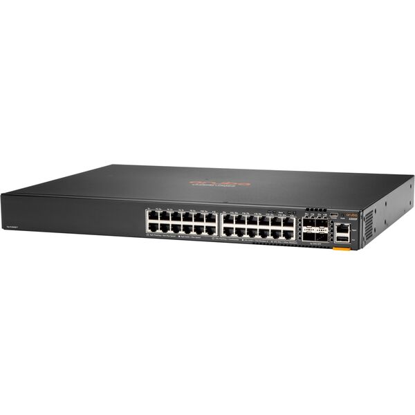 HPE Aruba 6300F - Switch - L3 - managed - 24 x 10/100/1000 + 4 x 1 Gigabit / 10 Gigabit / 25 Gigabit / 50 Gigabit SFP56 (Uplink / Stacking) - Front und Seite zu Hinterseite - an Rack montierbar