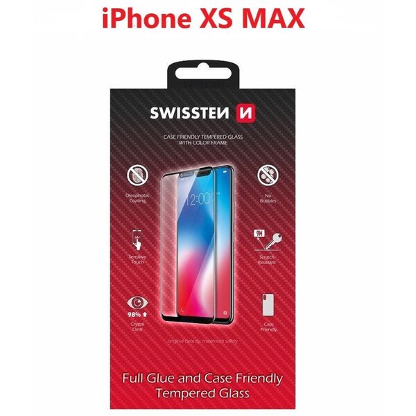 Tempered glass screen protector Swissten, για Apple iPhone XS MAX, μαύρο, φιλικό προς τη θήκη και με χρωματιστό πλαίσιο