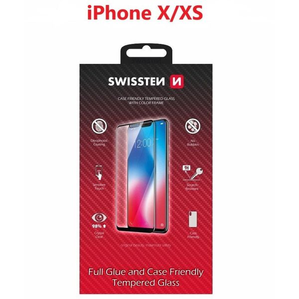 Tempered glass screen protector Swissten, για Apple iPhone X/XS, μαύρο, συμβατό με θήκη και με χρωματιστό πλαίσιο