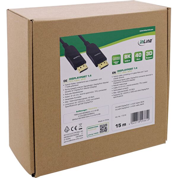 Καλώδιο InLine® DisplayPort 1.4 AOC, 8K4K, μαύρο, 15μ