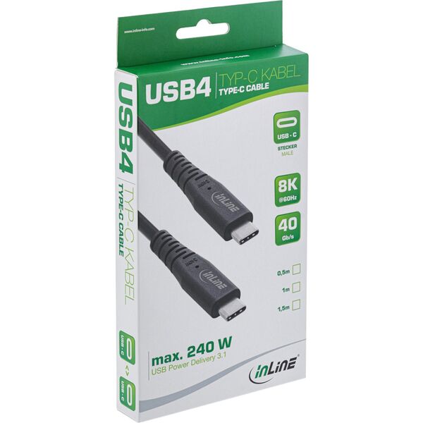 InLine® USB4 Καλώδιο, USB-C ST/ST, PD 240W, 8K60Hz, TPE μαύρο, 0,5m
