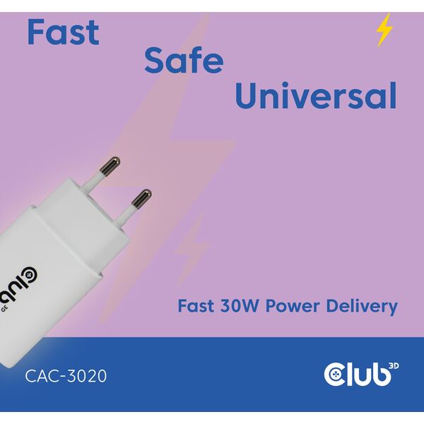 Φορτιστής Club3D Lifestyle USB-C 30Watt, 2 τεμάχια λευκός λιανική