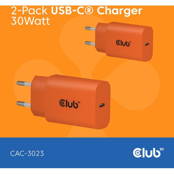 Φορτιστής Club3D Lifestyle USB-C 30Watt, 2 τεμάχια πορτοκαλί λιανικής
