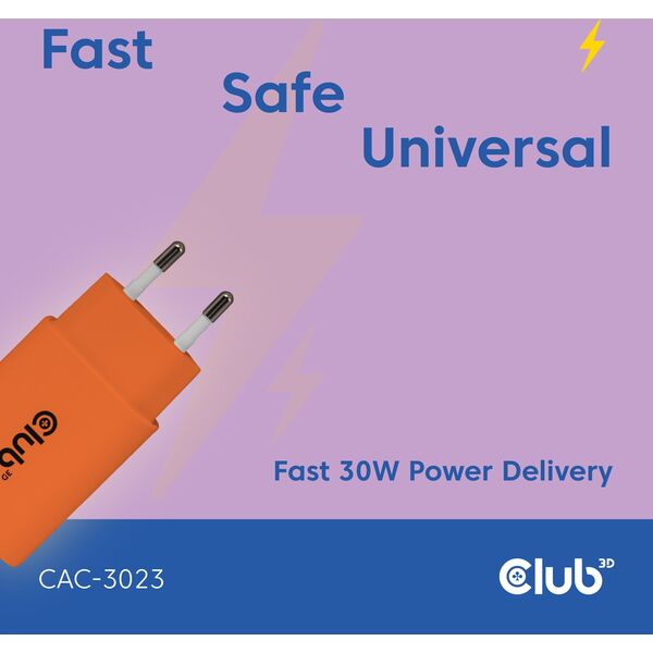 Φορτιστής Club3D Lifestyle USB-C 30Watt, 2 τεμάχια πορτοκαλί λιανικής