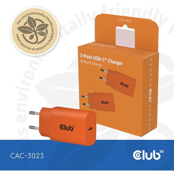 Φορτιστής Club3D Lifestyle USB-C 30Watt, 2 τεμάχια πορτοκαλί λιανικής